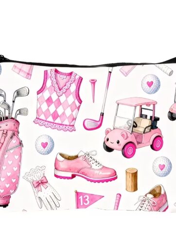 Pink & White Golf-Themed Zipper Pouch with Golf Cart, Clubs & Heart Print